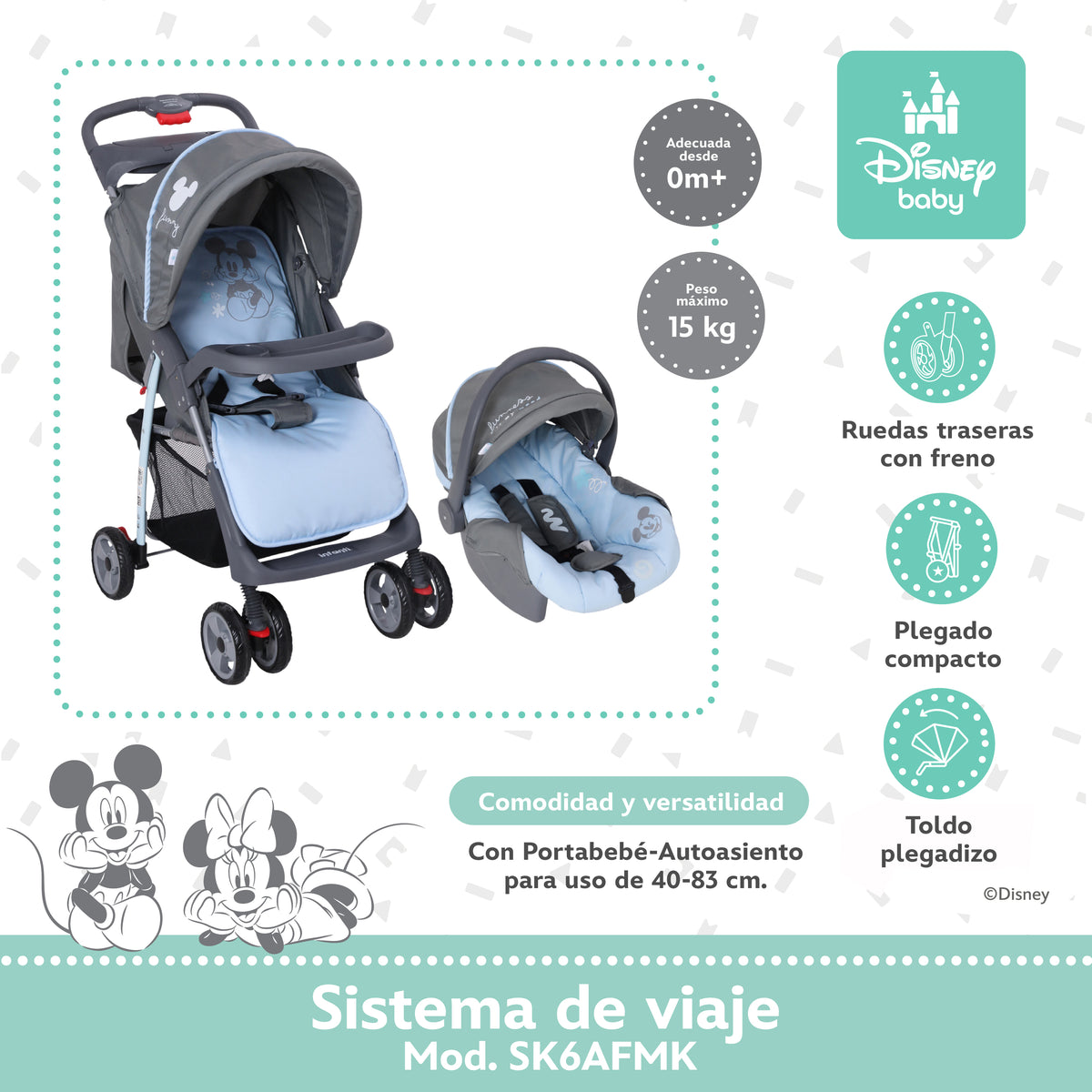 Carriola Travel System Disney, Mickey, Minnie, Stitch, Con Portabebé Y Charola, Infanti