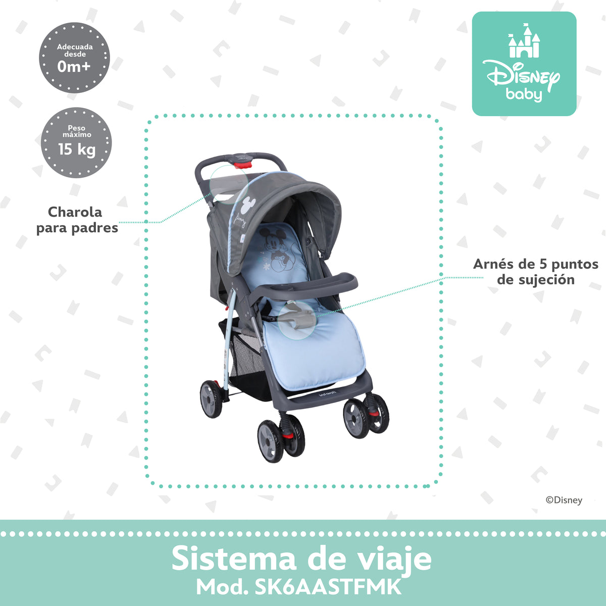 Carriola Travel System Disney, Mickey, Minnie, Stitch, Con Portabebé Y Charola, Infanti