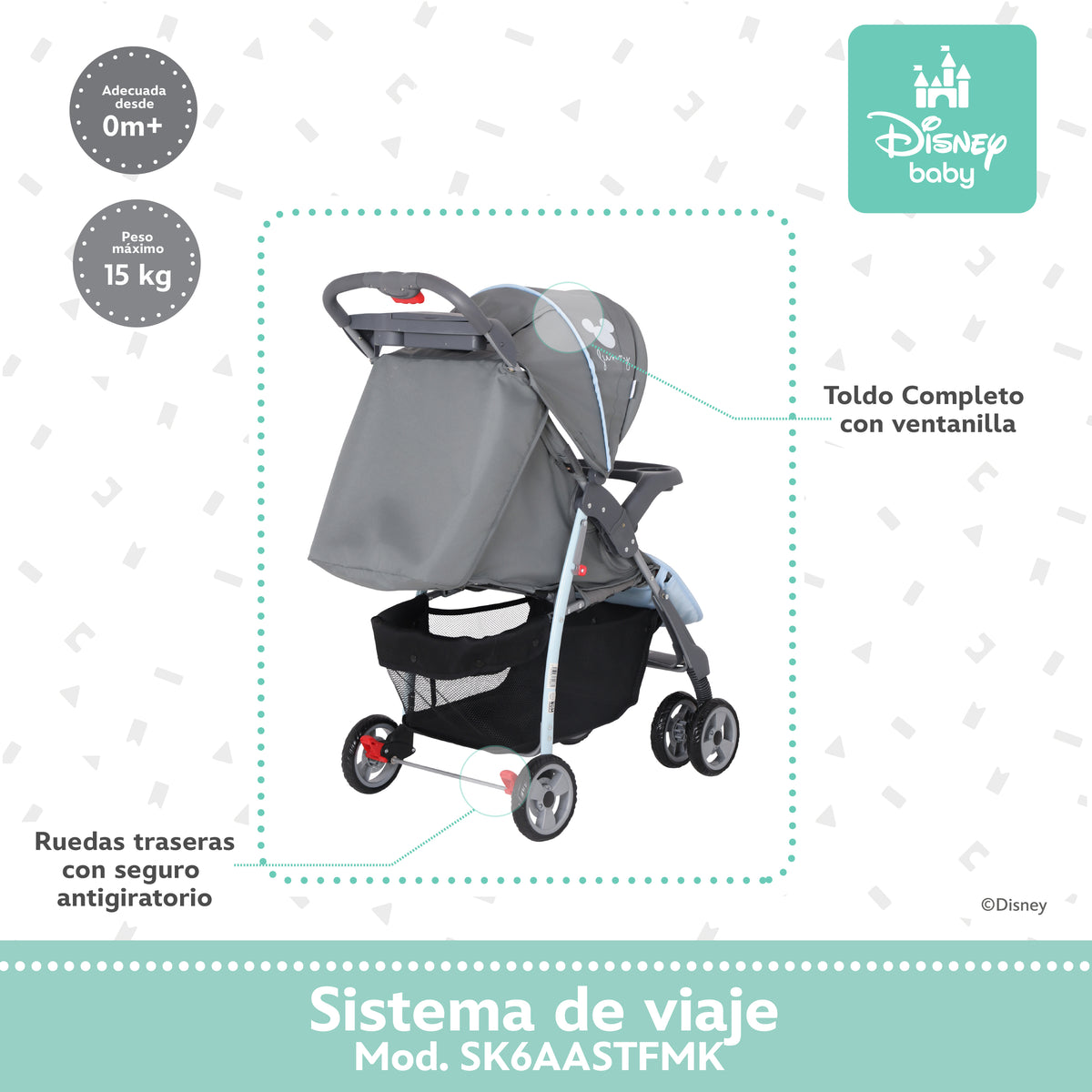 Carriola Travel System Disney, Mickey, Minnie, Stitch, Con Portabebé Y Charola, Infanti