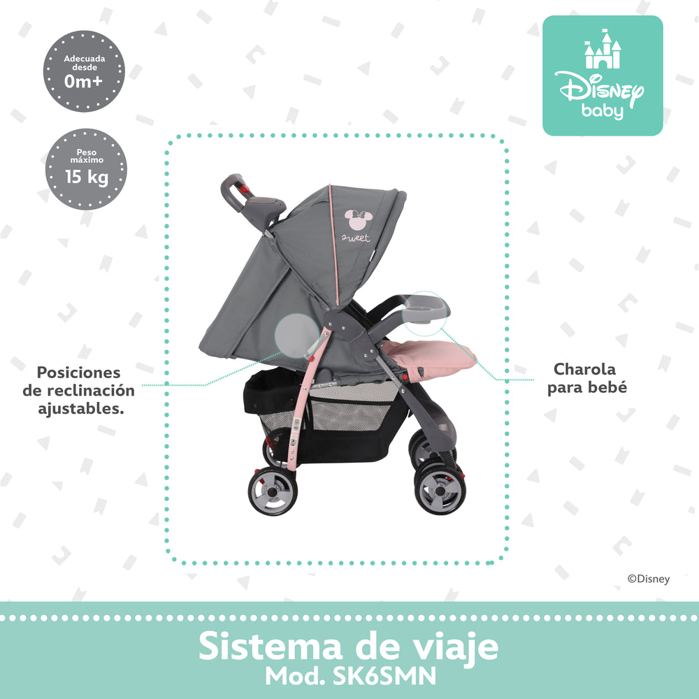 Carriola Travel System Disney, Mickey, Minnie, Stitch, Con Portabebé Y Charola, Infanti