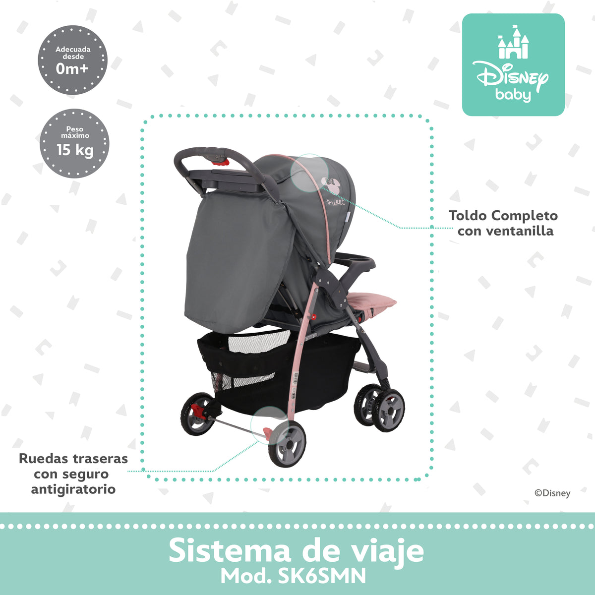 Carriola Travel System Disney, Mickey, Minnie, Stitch, Con Portabebé Y Charola, Infanti