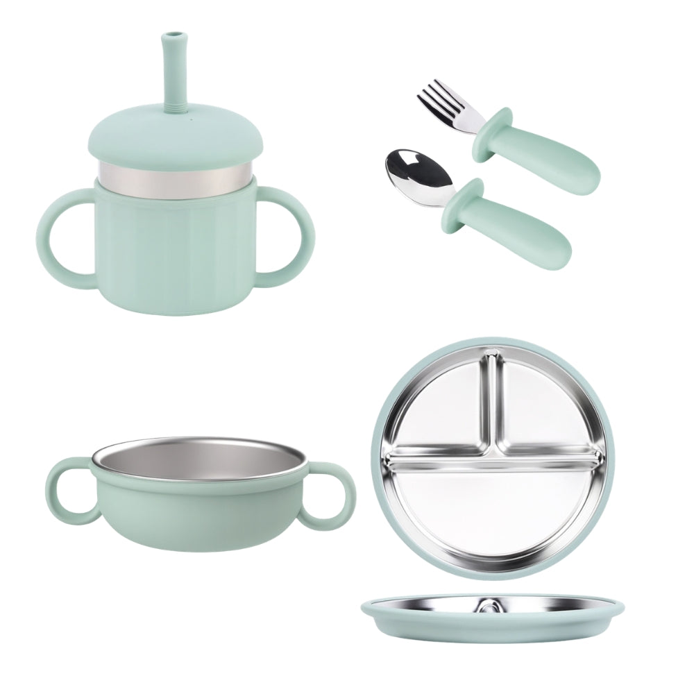 Kit de Alimentación para Bebé de 4 Piezas: Plato, Tazón, Vaso con Popote, Cuchara y Tenedor