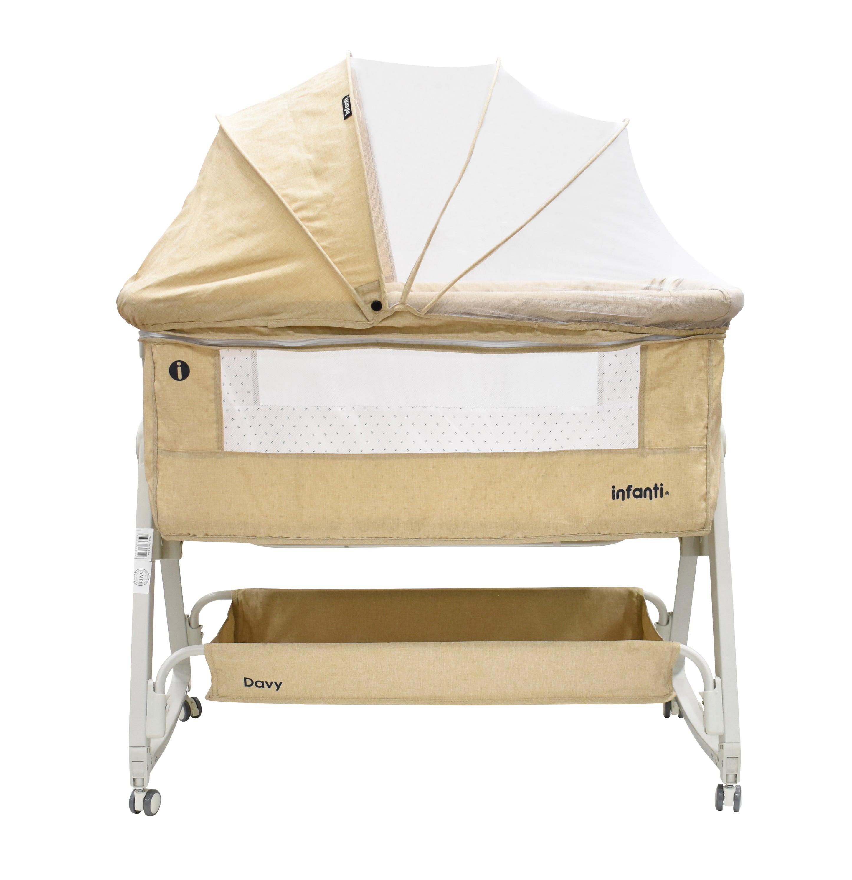 Cuna de Colecho Davy Beige Con Mosquitero y Toldo, Mecedora, Colchoneta, Lateral Abatible, Correas de Seguridad, Alturas Ajustables, Inclinación Antirreflujo, Estructura de Metal, Hasta 15 kg, Infanti