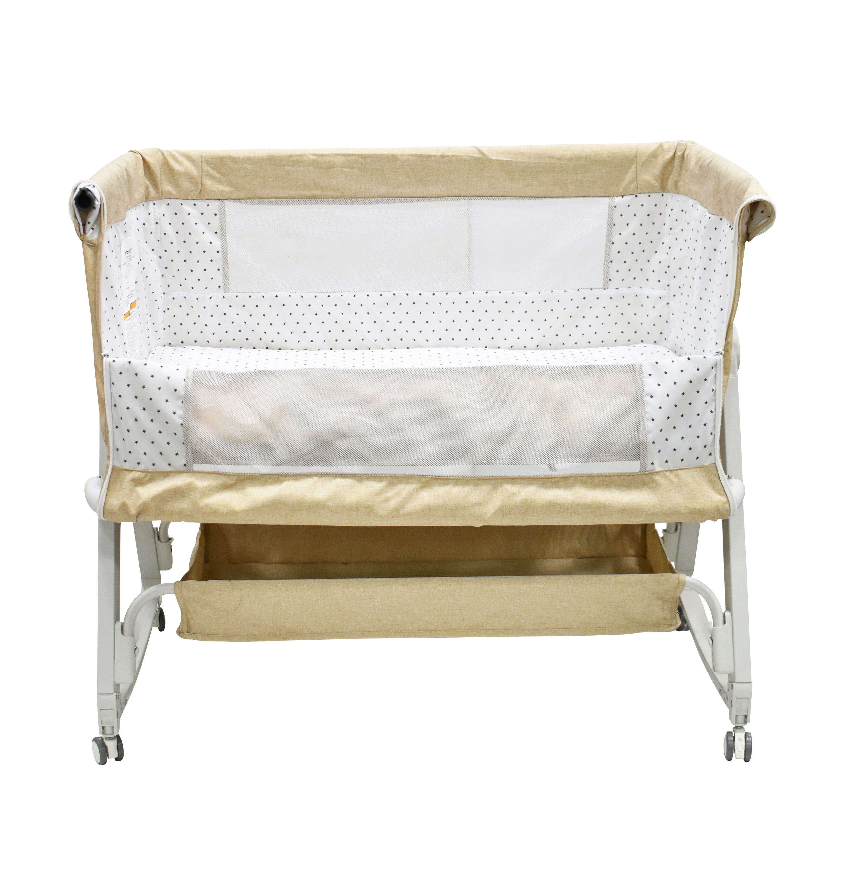 Cuna de Colecho Davy Beige Con Mosquitero y Toldo, Mecedora, Colchoneta, Lateral Abatible, Correas de Seguridad, Alturas Ajustables, Inclinación Antirreflujo, Estructura de Metal, Hasta 15 kg, Infanti