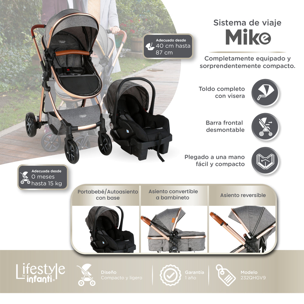 Carriola Travel System Mike Con Bambineto Reversible y Portabebé Grupo 0+