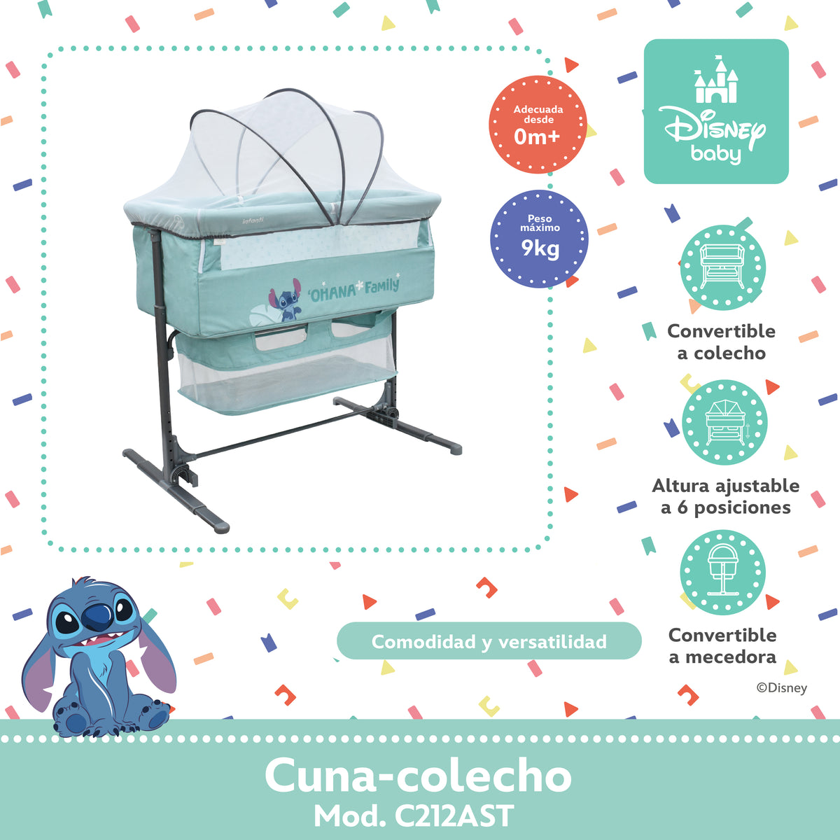 Colecho Disney Con Panel Lateral Abatible y 6 Posiciones de Altura
