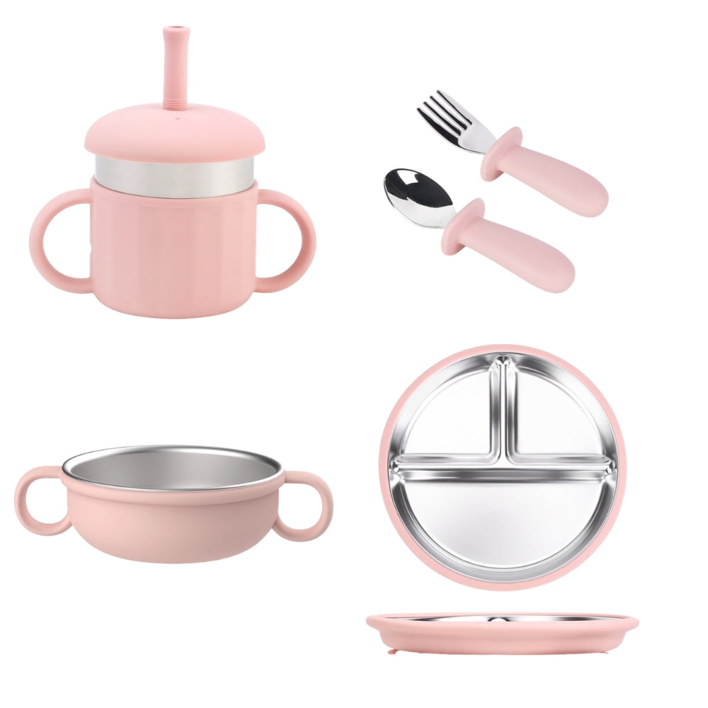 Kit de Alimentación para Bebé de 4 Piezas: Plato, Tazón, Vaso con Popote, Cuchara y Tenedor