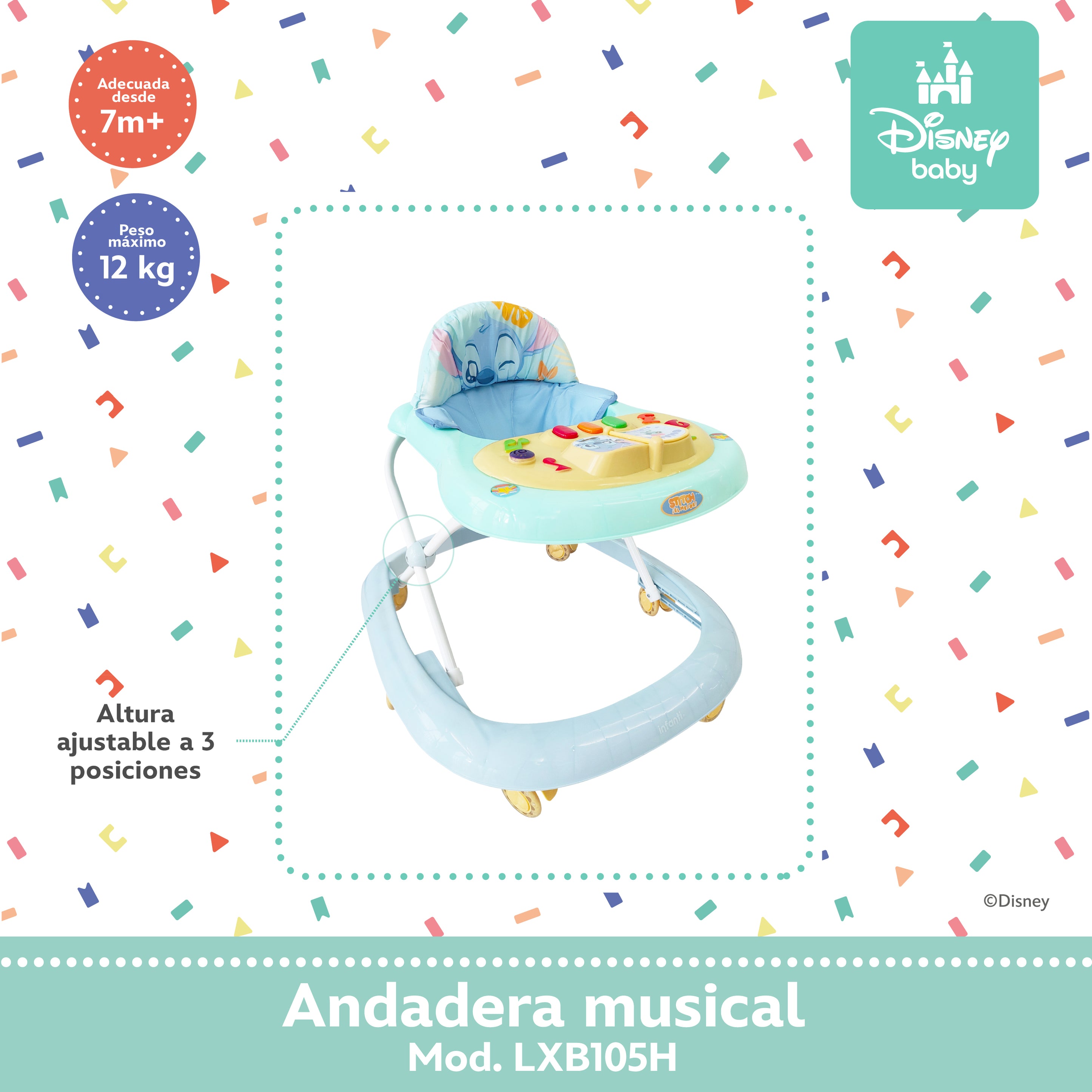 Andadera Musical Para Bebé Stitch Disney Baby Altura Ajustable