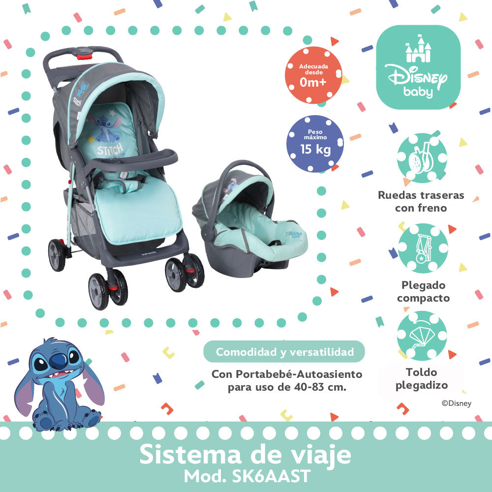 Carriola Travel System Disney, Mickey, Minnie, Stitch, Con Portabebé Y Charola, Infanti