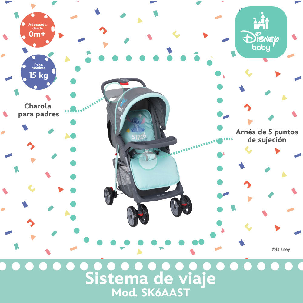 Carriola Travel System Disney, Mickey, Minnie, Stitch, Con Portabebé Y Charola, Infanti