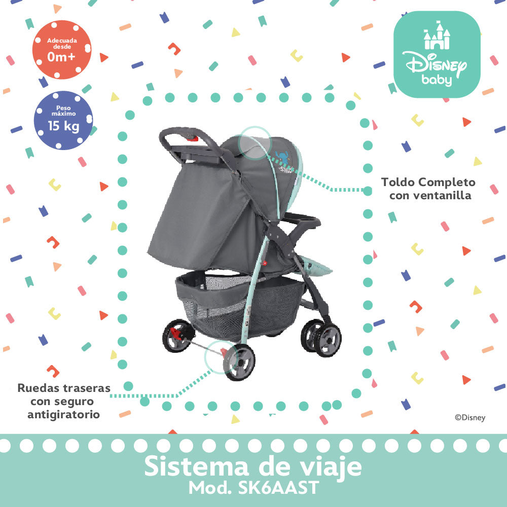 Carriola Travel System Disney, Mickey, Minnie, Stitch, Con Portabebé Y Charola, Infanti