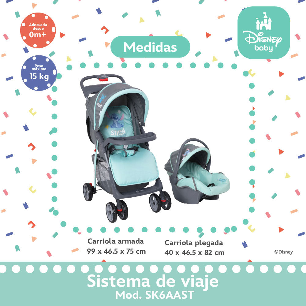 Carriola Travel System Disney, Mickey, Minnie, Stitch, Con Portabebé Y Charola, Infanti