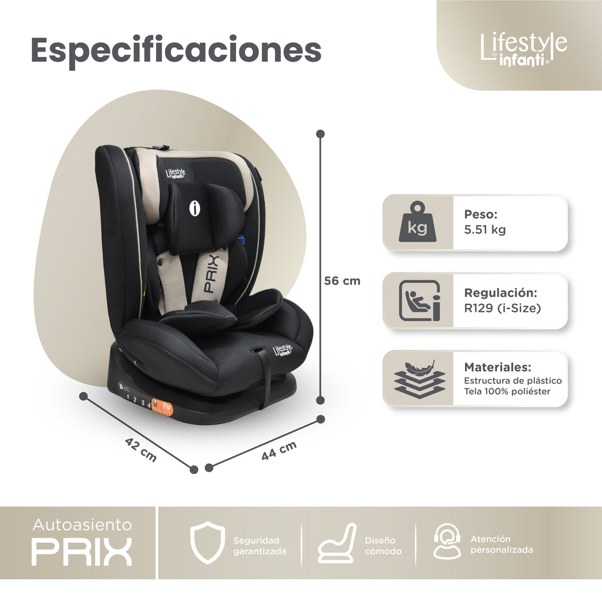 Autoasiento Reclinable Prix Con Soporte Desmontable Para La Cabeza Arnés De Seguridad De 5 Puntos Aprobado Por La Regulación R129 (i-Size) Edad Recomendada 0 a 12 años Lifestyle By Infanti