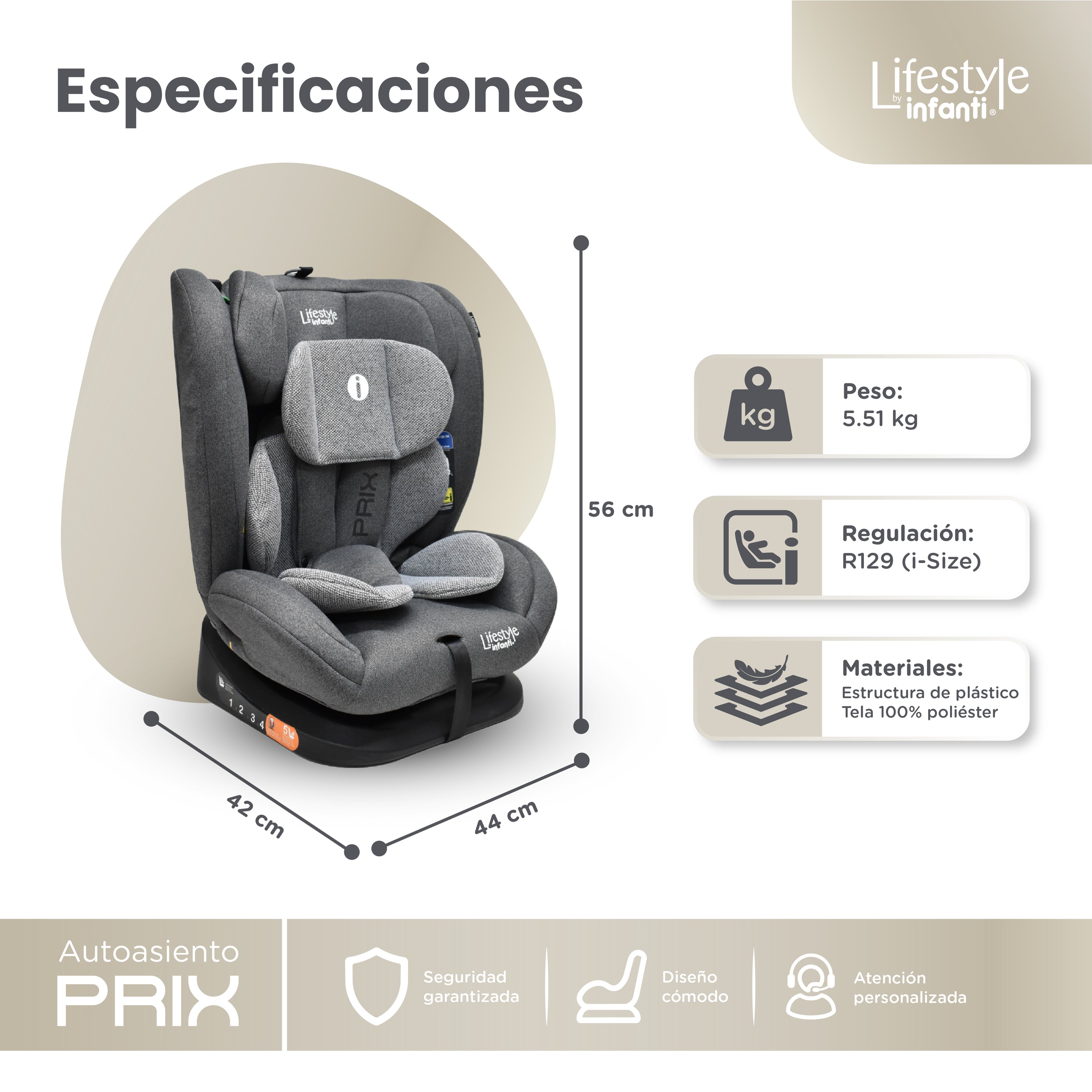 Autoasiento Reclinable Prix Con Soporte Desmontable Para La Cabeza Arnés De Seguridad De 5 Puntos Aprobado Por La Regulación R129 (i-Size) Edad Recomendada 0 a 12 años Lifestyle By Infanti