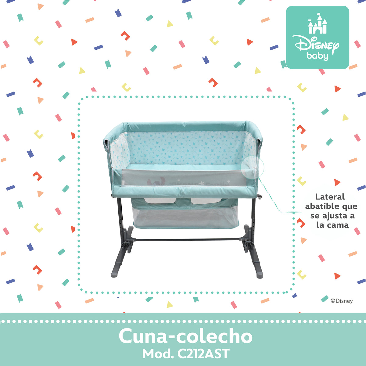 Colecho Disney Con Panel Lateral Abatible y 6 Posiciones de Altura