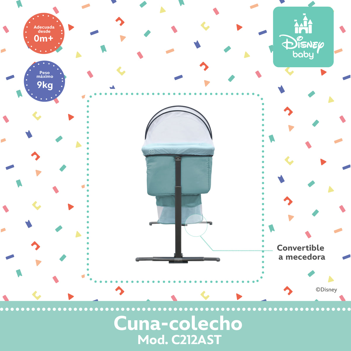 Colecho Disney Con Panel Lateral Abatible y 6 Posiciones de Altura