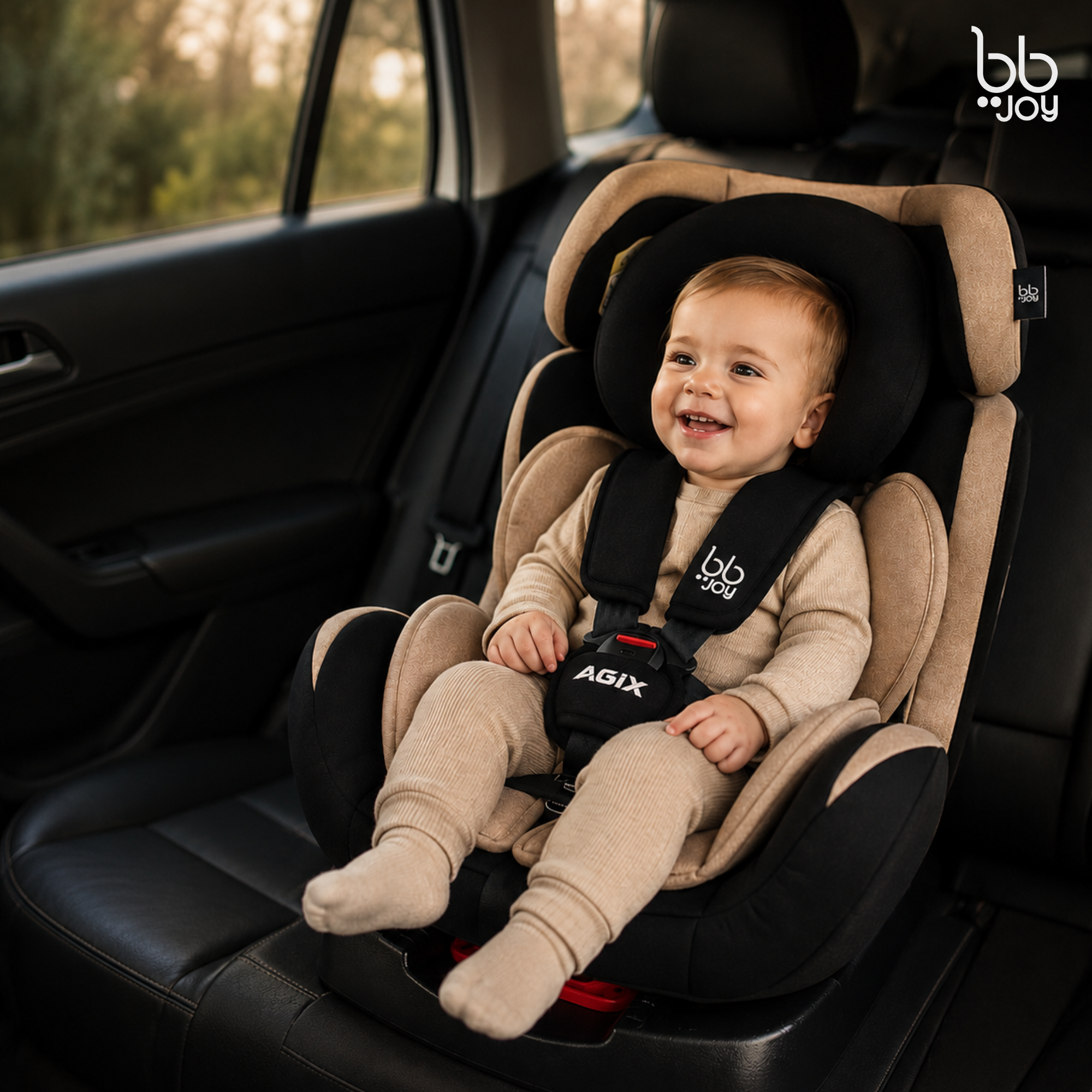 Autoasiento Evolutivo Agix Beige Con Negro De Recién Nacido Hasta 25 kg, Reclinable, Arnés de 5 Puntos, Acolchado, Funda Lavable, Instalación Reversa y Frontal, Certificación ECE R44/04, Bb Joy