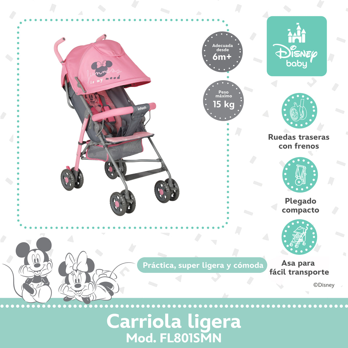 Carriola de Bastón Minnie Con Plegado Compacto y Reclinación Ajustable