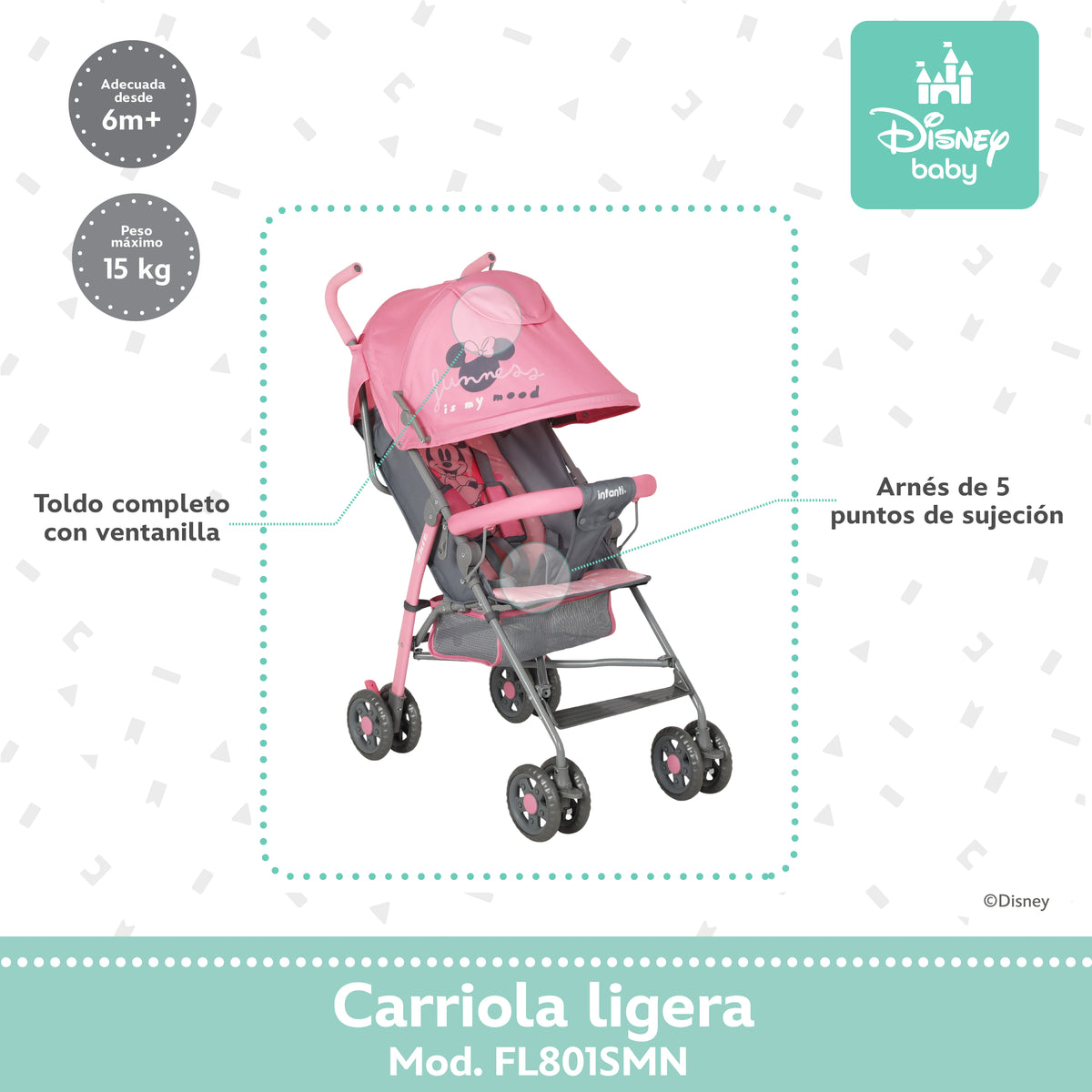Carriola de Bastón Minnie Con Plegado Compacto y Reclinación Ajustable