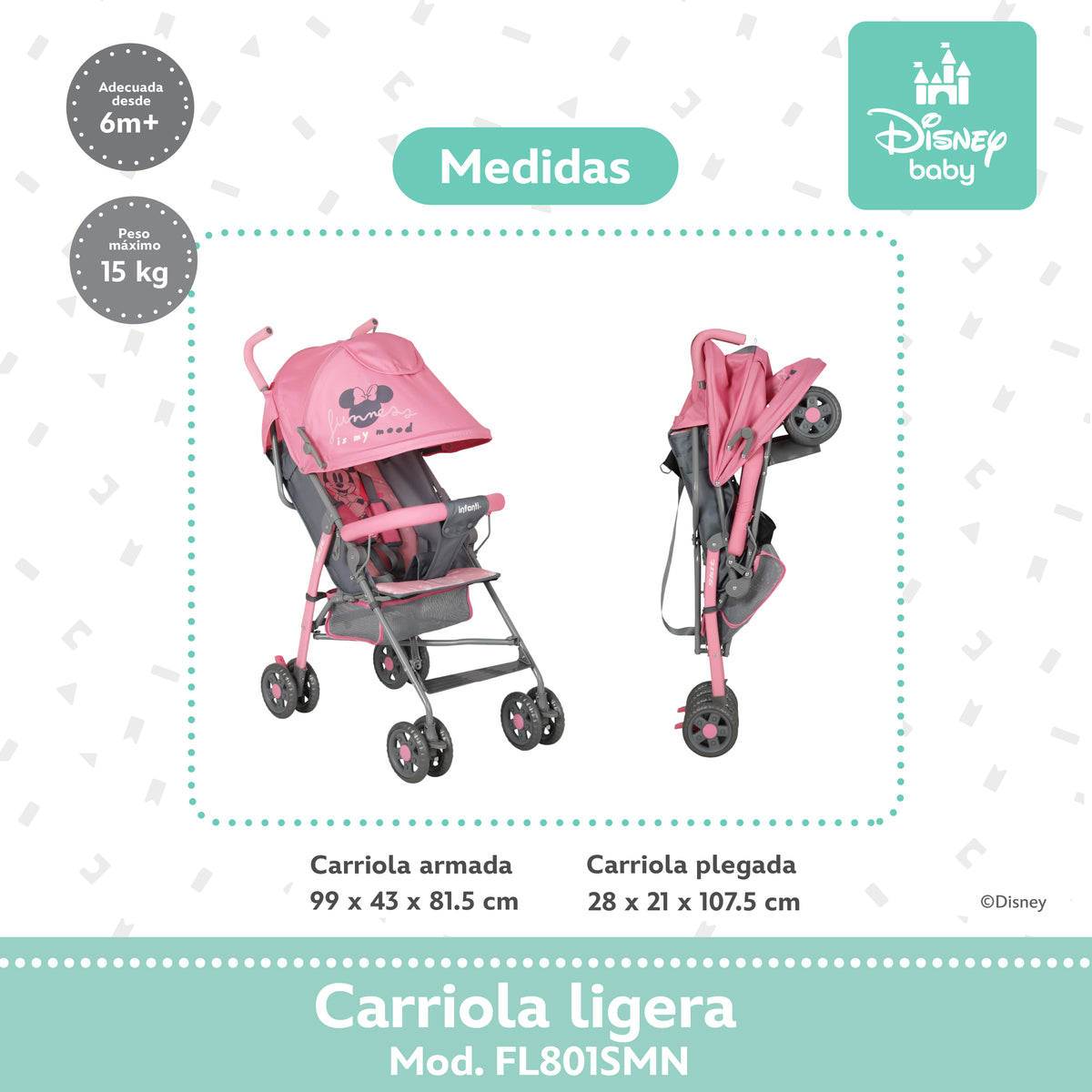 Carriola de Bastón Minnie Con Plegado Compacto y Reclinación Ajustable