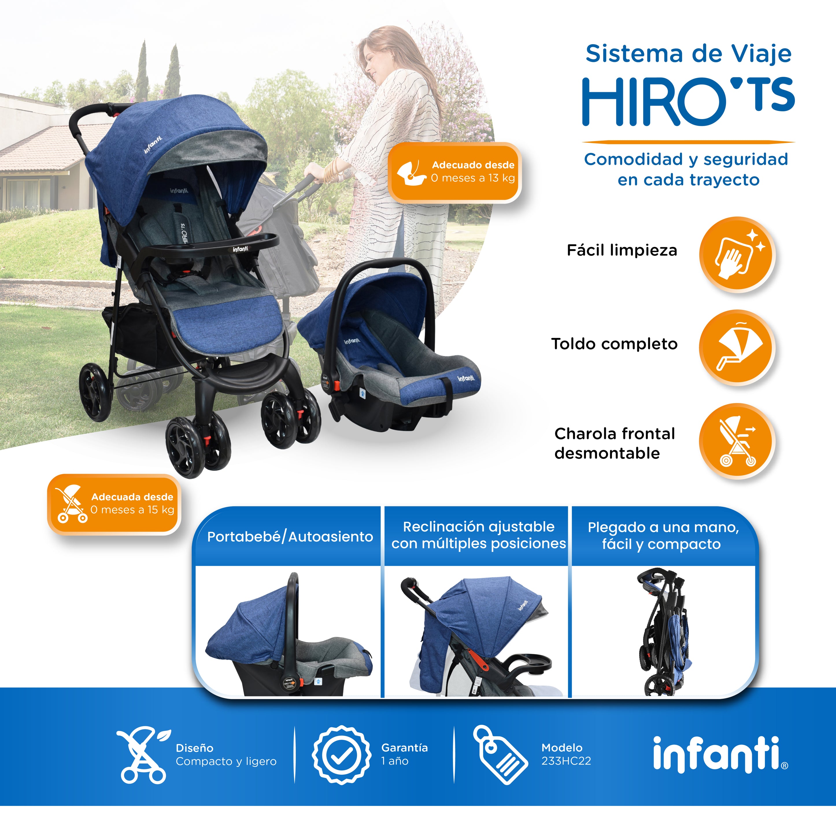Carriola Travel System Hiro TS Con Portabebé, Plegado a una Mano, Arnés De 5 Puntos, Reclinaciones, Toldo Completo, Charola Con Portavasos y Frenos. Desde Recién Nacido. Hasta 15 kg, Infanti