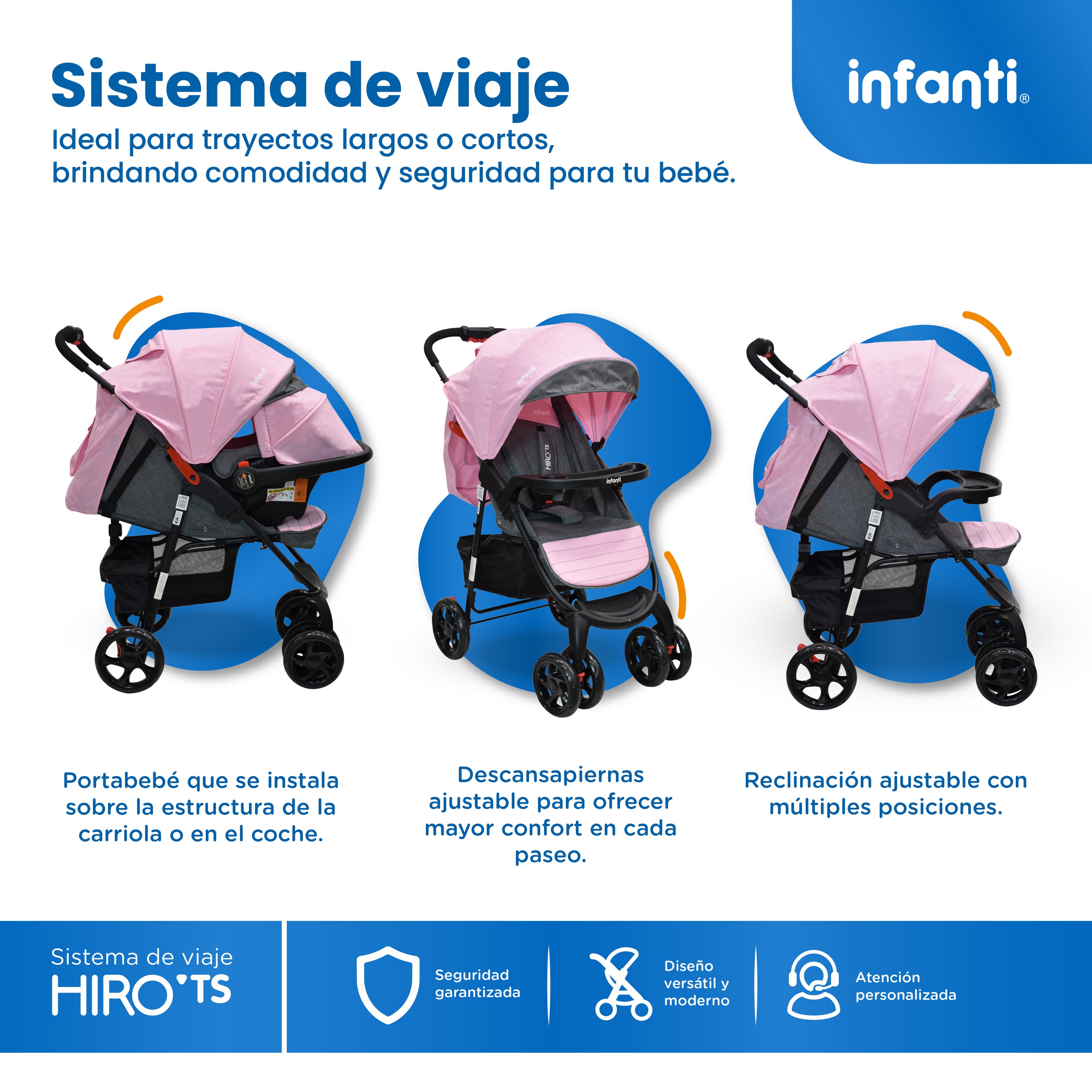 Carriola Travel System Hiro TS Con Portabebé, Plegado a una Mano, Arnés De 5 Puntos, Reclinaciones, Toldo Completo, Charola Con Portavasos y Frenos. Desde Recién Nacido. Hasta 15 kg, Infanti