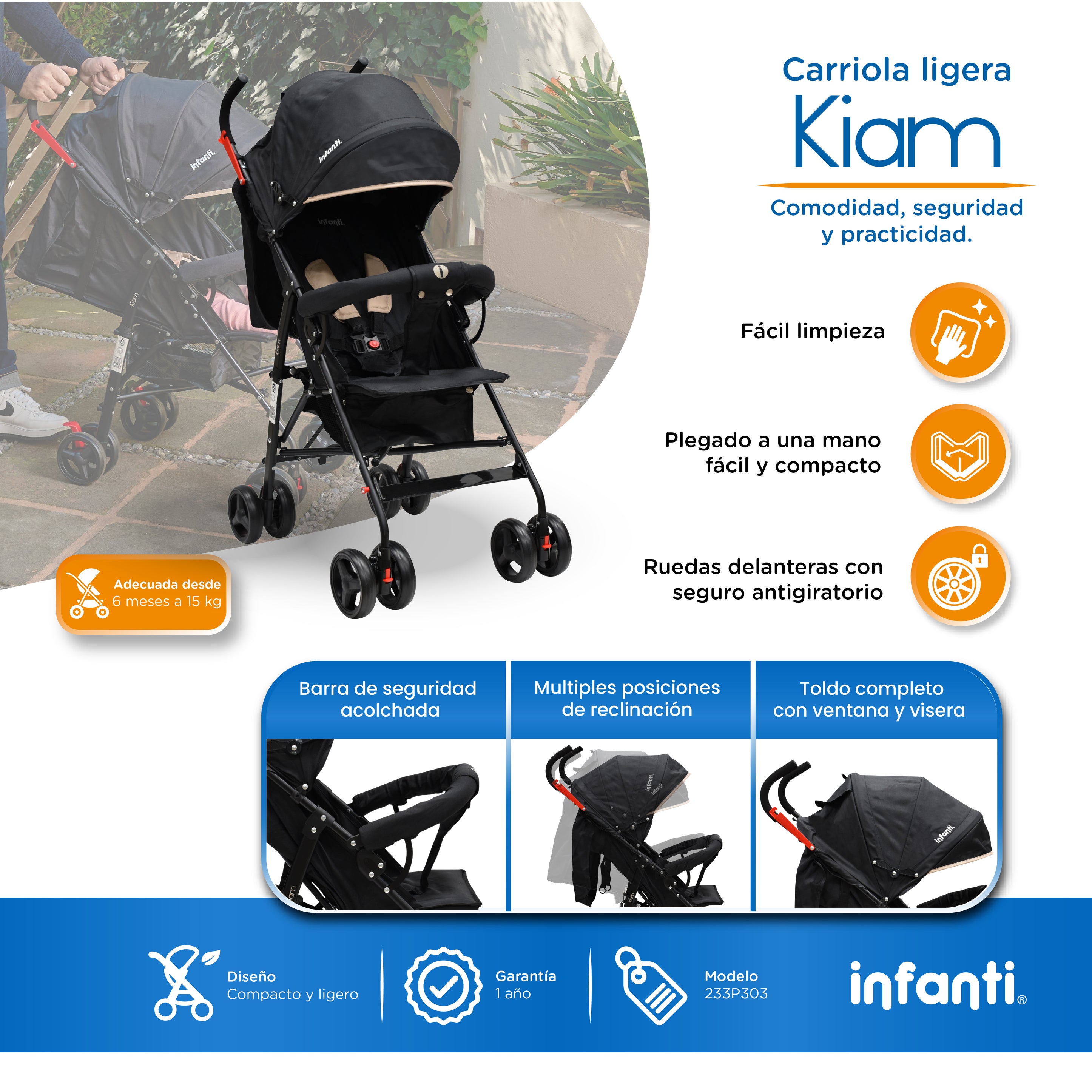 Carriola De Bastón Con Plegado Compacto Kiam Multiples Reclinaciones, Arnés De 5 puntos, Toldo Completo, Frenos y Ruedas Giratorias Con Seguro Ideal Para Bebes De 6 Meses a 15 kg, Infanti