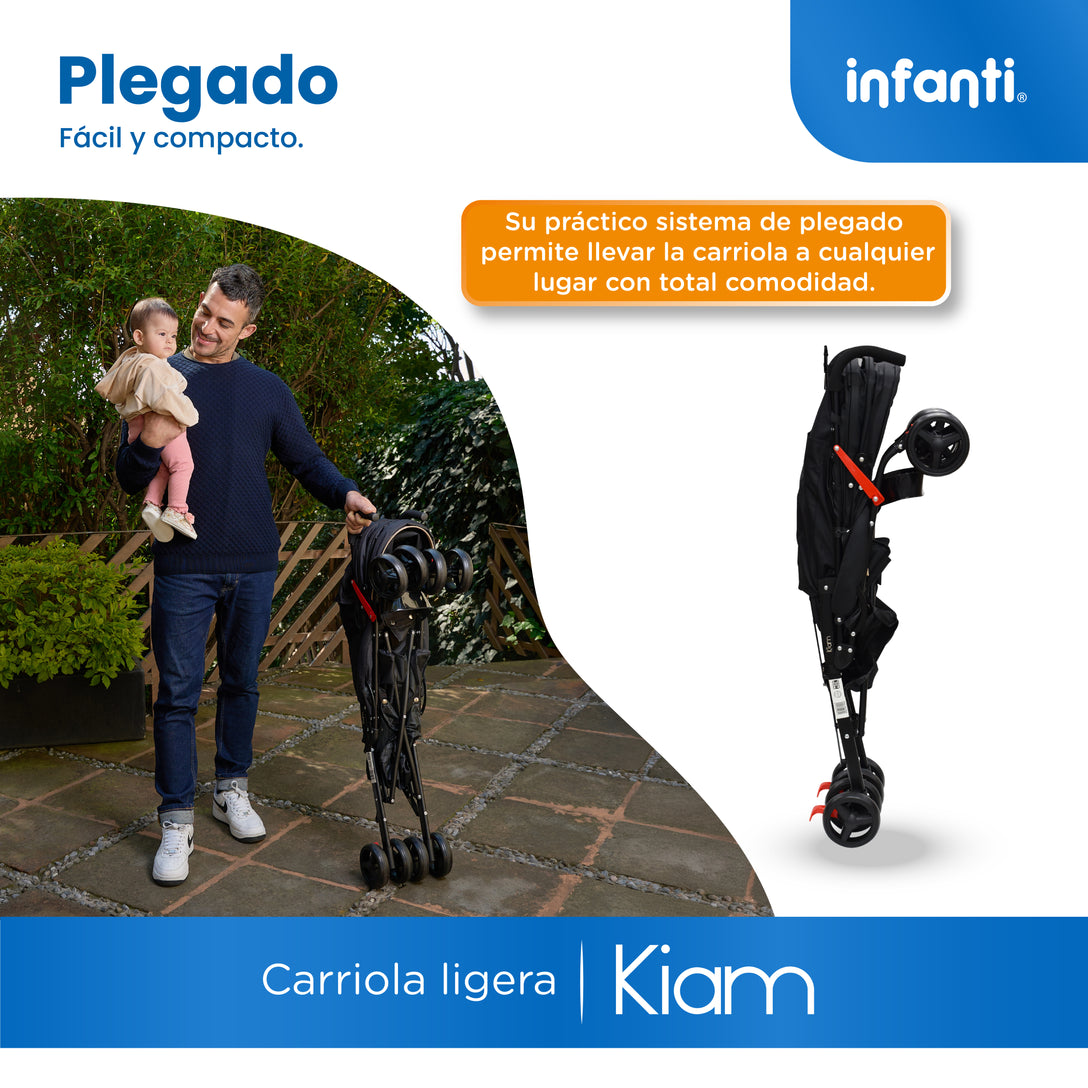 Carriola De Bastón Con Plegado Compacto Kiam Multiples Reclinaciones, Arnés De 5 puntos, Toldo Completo, Frenos y Ruedas Giratorias Con Seguro Ideal Para Bebes De 6 Meses a 15 kg, Infanti