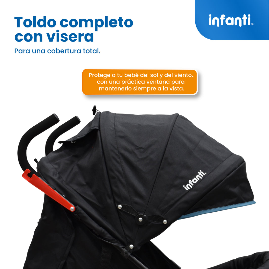 Carriola De Bastón Con Plegado Compacto Kiam Multiples Reclinaciones, Arnés De 5 puntos, Toldo Completo, Frenos y Ruedas Giratorias Con Seguro Ideal Para Bebes De 6 Meses a 15 kg, Infanti