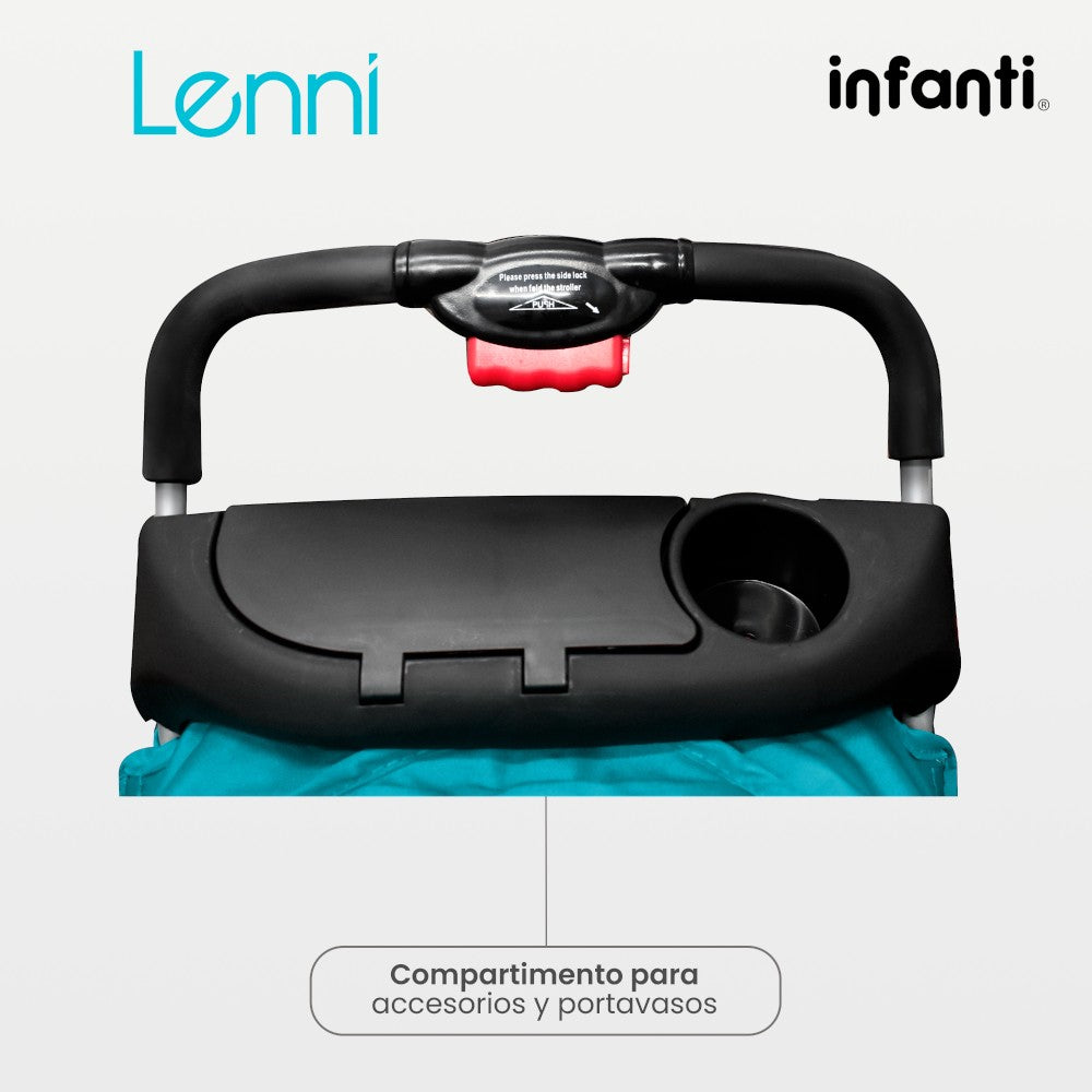 Carriola Travel System Lenni Hasta 15 kg Con Portabebé Autoasiento, Plegado a Una Mano, Reclinado Ajustable, Toldo con Visera, Arnés de Seguridad, Charolas, Canastilla y Frenos Infanti.