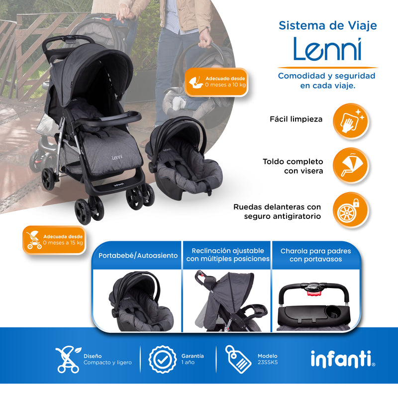 Carriola Travel System Lenni Hasta 15 kg Con Portabebé Autoasiento, Plegado a Una Mano, Reclinado Ajustable, Toldo con Visera, Arnés de Seguridad, Charolas, Canastilla y Frenos Infanti.