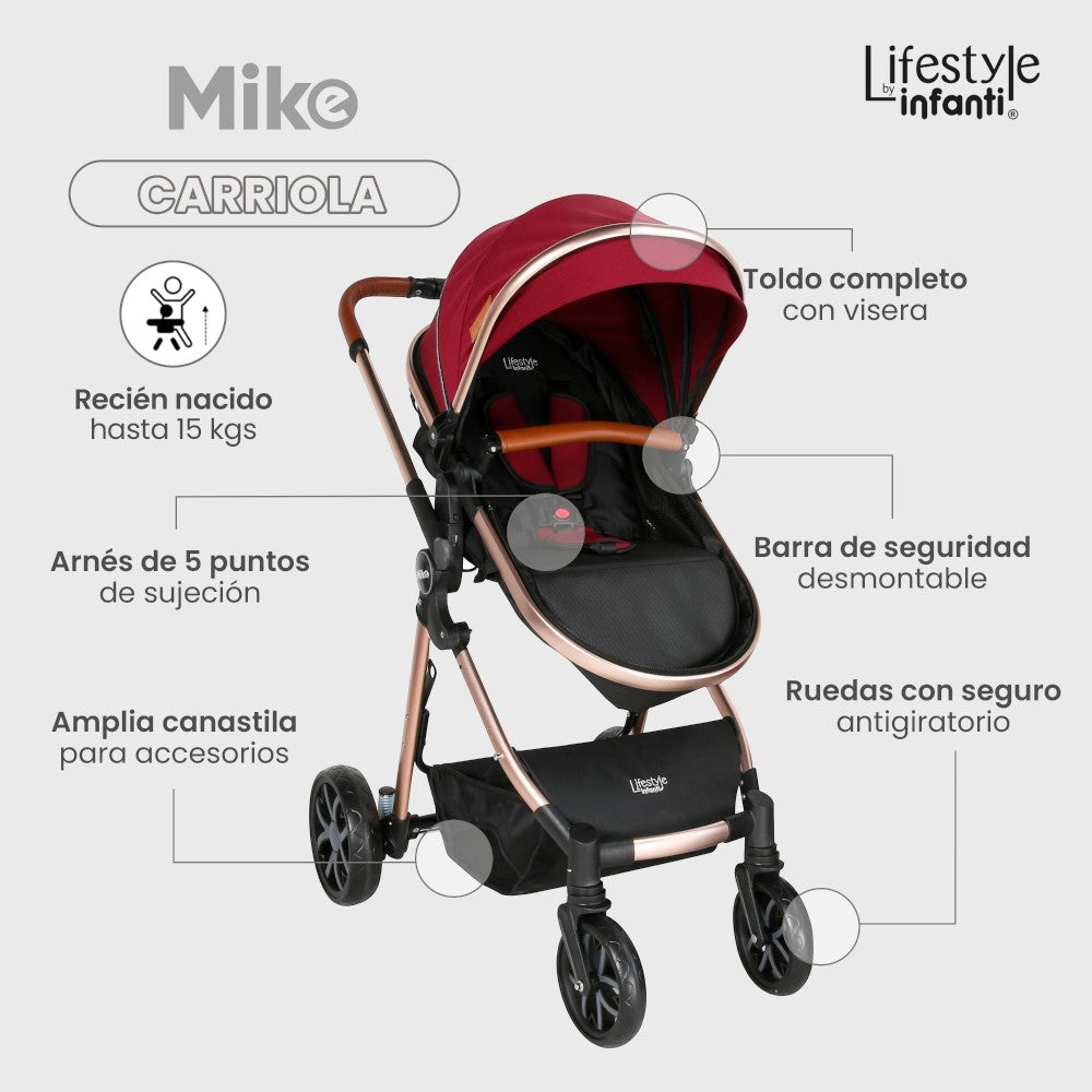 Carriola Travel System Mike Con Bambineto Reversible y Portabebé Grupo 0+