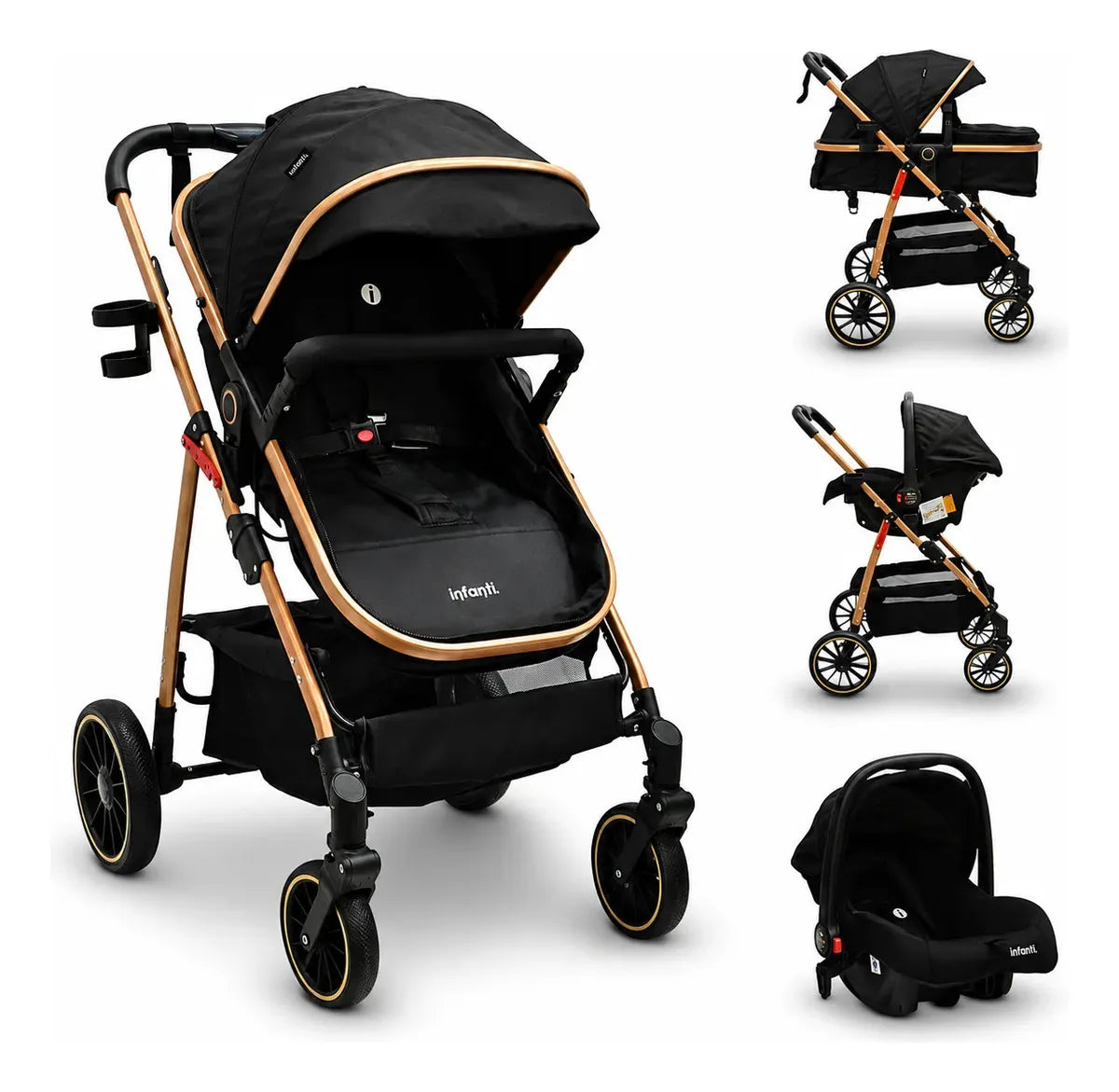 Carriola Sistema de Viaje Welly Convertible a Bambineto Negro con Portabebé Grupo0+, Asiento Reversible, Reclinado Ajustable, Arnés de 5 Puntos, Toldo Plegable, Cubrepiés y Canastilla Amplia para Bebé
