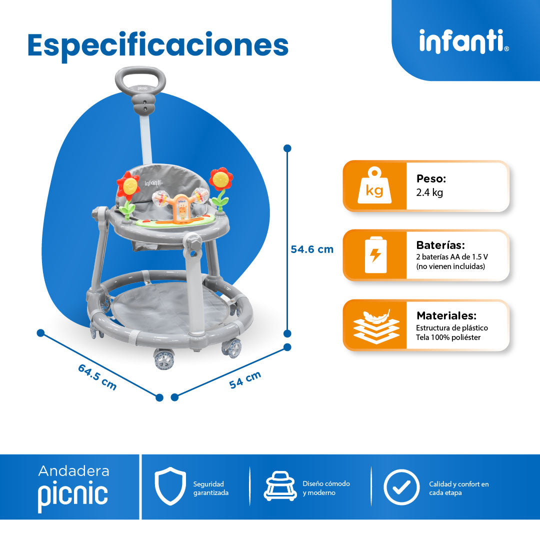Andadera Picnic Con Tablero Interactivo y Barra de Empuje