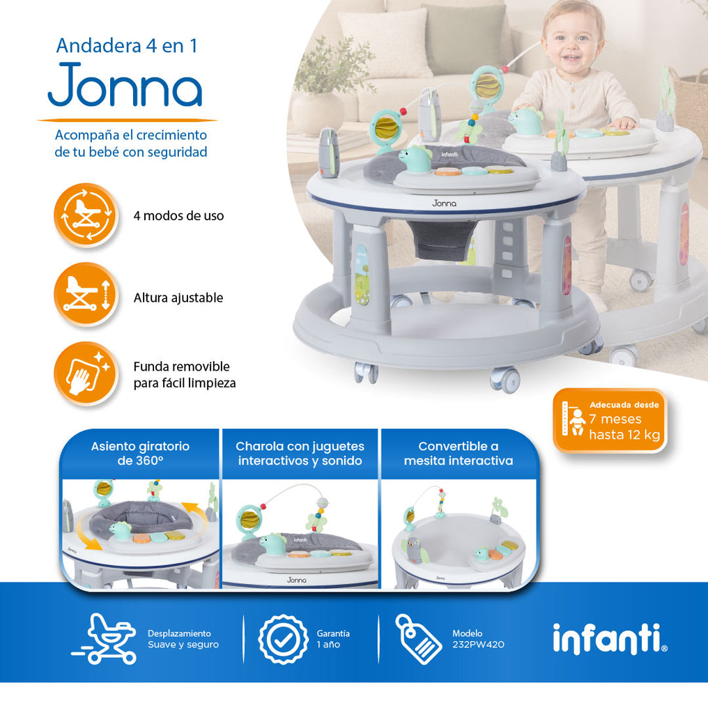 Andadera 4 en 1 Jonna Con Centro de Entretenimiento, Mesita Interactiva y Mesa de Juegos, Asiento Giratorio 360°, Altura Ajustable, Tapete Desmontable con Luz y Sonido, 12 kg max, Infanti