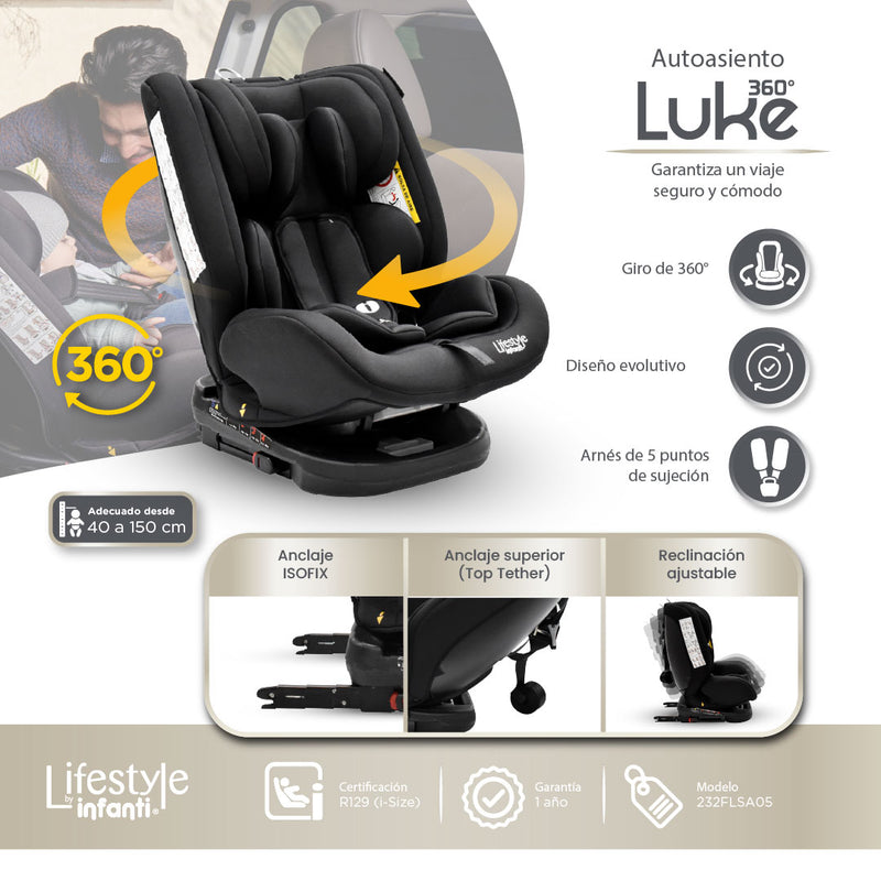 Autoasiento Evolutivo Luke Negro Con Sistema ISOFIX, Top Tether, Giro 360° De 40 a 150 cm, Reclinación Ajustable, Arnés de 5 Puntos, Cabecera Ajustable, Certificación ECE R44/04 Lifestyle By Infanti.
