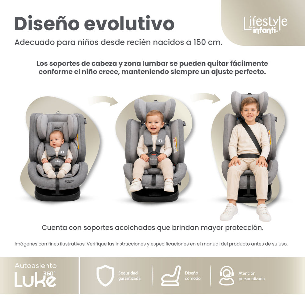 Autoasiento Evolutivo Luke Con Sistema ISOFIX, Top Tether, Giro 360° De 40 a 150 cm, Reclinación Ajustable, Arnés de 5 Puntos, Cabecera Ajustable, Certificación ECE R44/04 Lifestyle By Infanti.