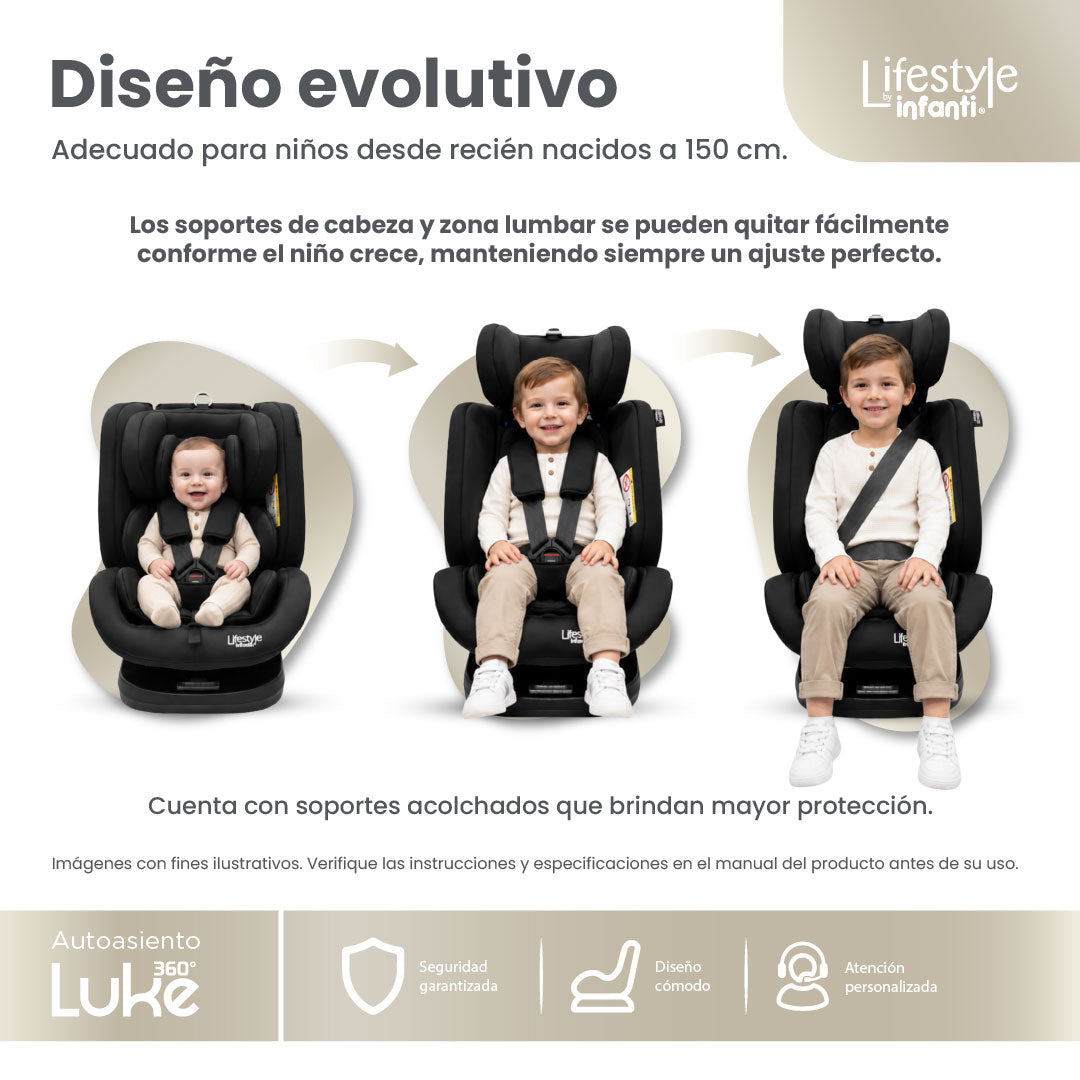 Autoasiento Evolutivo Luke Con Sistema ISOFIX, Top Tether, Giro 360° De 40 a 150 cm, Reclinación Ajustable, Arnés de 5 Puntos, Cabecera Ajustable, Certificación ECE R44/04 Lifestyle By Infanti.