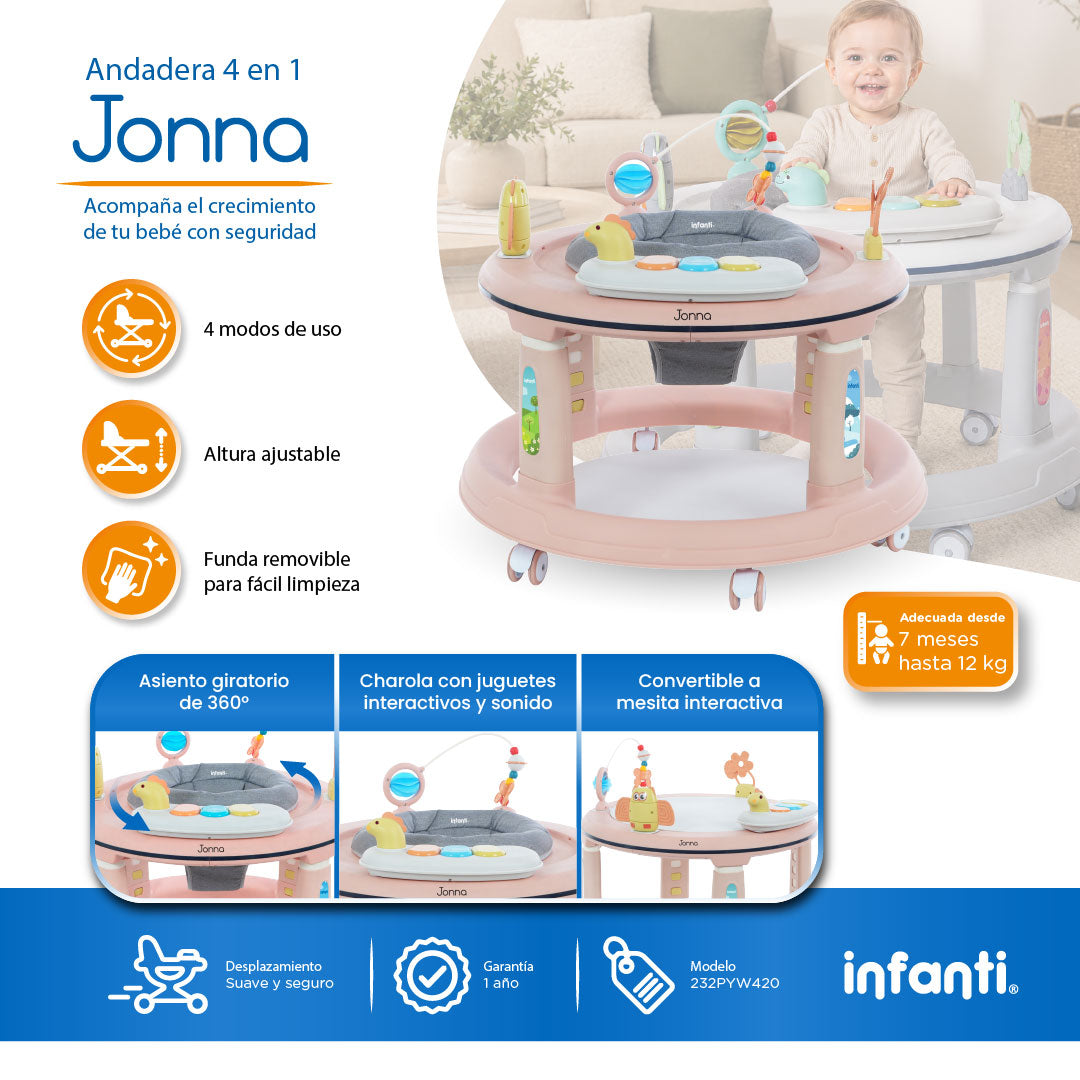 Andadera 4 en 1 Jonna Con Centro de Entretenimiento, Mesita Interactiva y Mesa de Juegos, Asiento Giratorio 360°, Altura Ajustable, Tapete Desmontable con Luz y Sonido, 12 kg max, Infanti