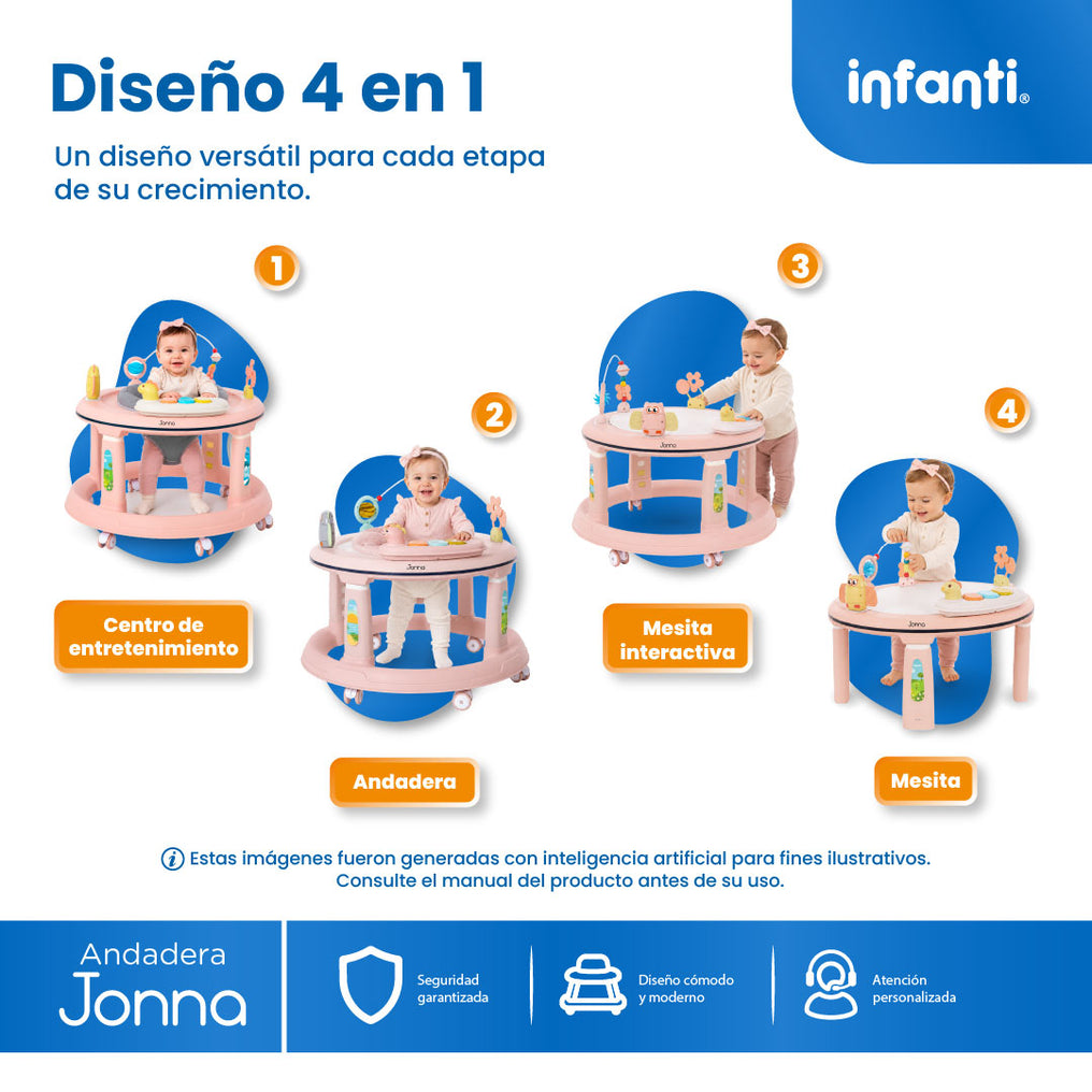 Andadera 4 en 1 Jonna Con Centro de Entretenimiento, Mesita Interactiva y Mesa de Juegos, Asiento Giratorio 360°, Altura Ajustable, Tapete Desmontable con Luz y Sonido, 12 kg max, Infanti