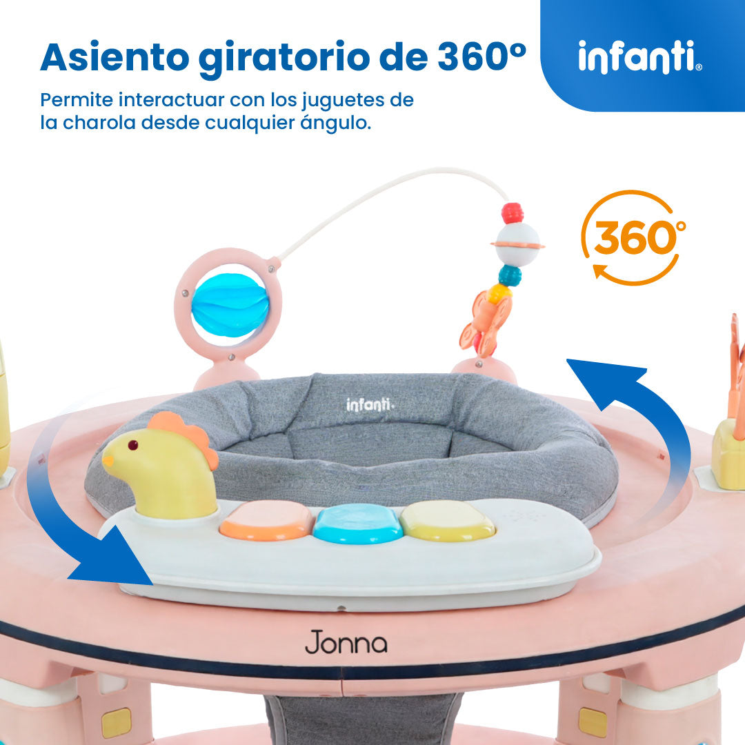 Andadera 4 en 1 Jonna Con Centro de Entretenimiento, Mesita Interactiva y Mesa de Juegos, Asiento Giratorio 360°, Altura Ajustable, Tapete Desmontable con Luz y Sonido, 12 kg max, Infanti