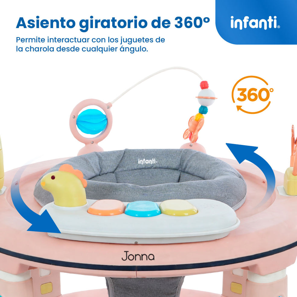 Andadera 4 en 1 Jonna Con Centro de Entretenimiento, Mesita Interactiva y Mesa de Juegos, Asiento Giratorio 360°, Altura Ajustable, Tapete Desmontable con Luz y Sonido, 12 kg max, Infanti