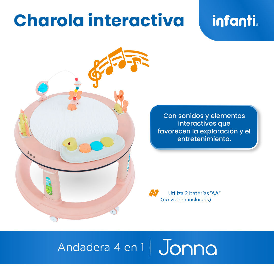 Andadera 4 en 1 Jonna Con Centro de Entretenimiento, Mesita Interactiva y Mesa de Juegos, Asiento Giratorio 360°, Altura Ajustable, Tapete Desmontable con Luz y Sonido, 12 kg max, Infanti