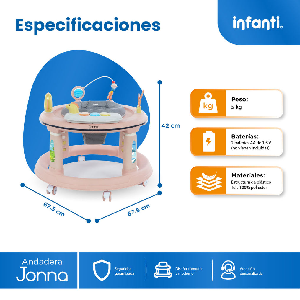 Andadera 4 en 1 Jonna Con Centro de Entretenimiento, Mesita Interactiva y Mesa de Juegos, Asiento Giratorio 360°, Altura Ajustable, Tapete Desmontable con Luz y Sonido, 12 kg max, Infanti
