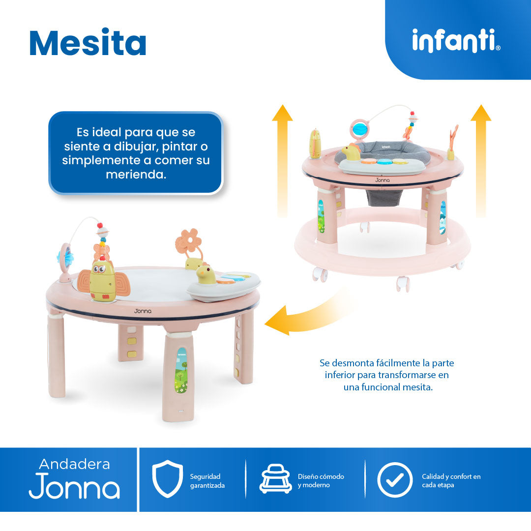 Andadera 4 en 1 Jonna Con Centro de Entretenimiento, Mesita Interactiva y Mesa de Juegos, Asiento Giratorio 360°, Altura Ajustable, Tapete Desmontable con Luz y Sonido, 12 kg max, Infanti