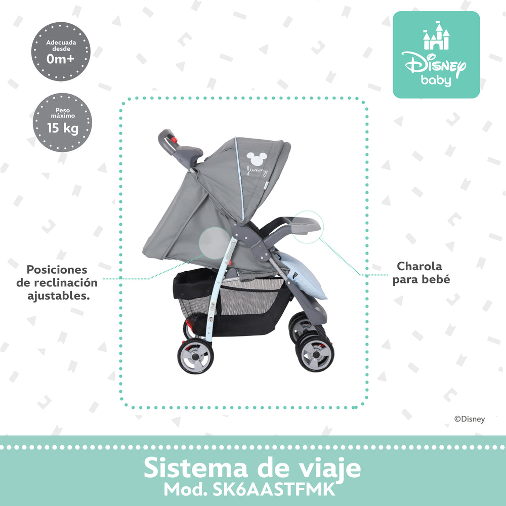 Carriola Travel System Disney, Mickey, Minnie, Stitch, Con Portabebé Y Charola, Infanti