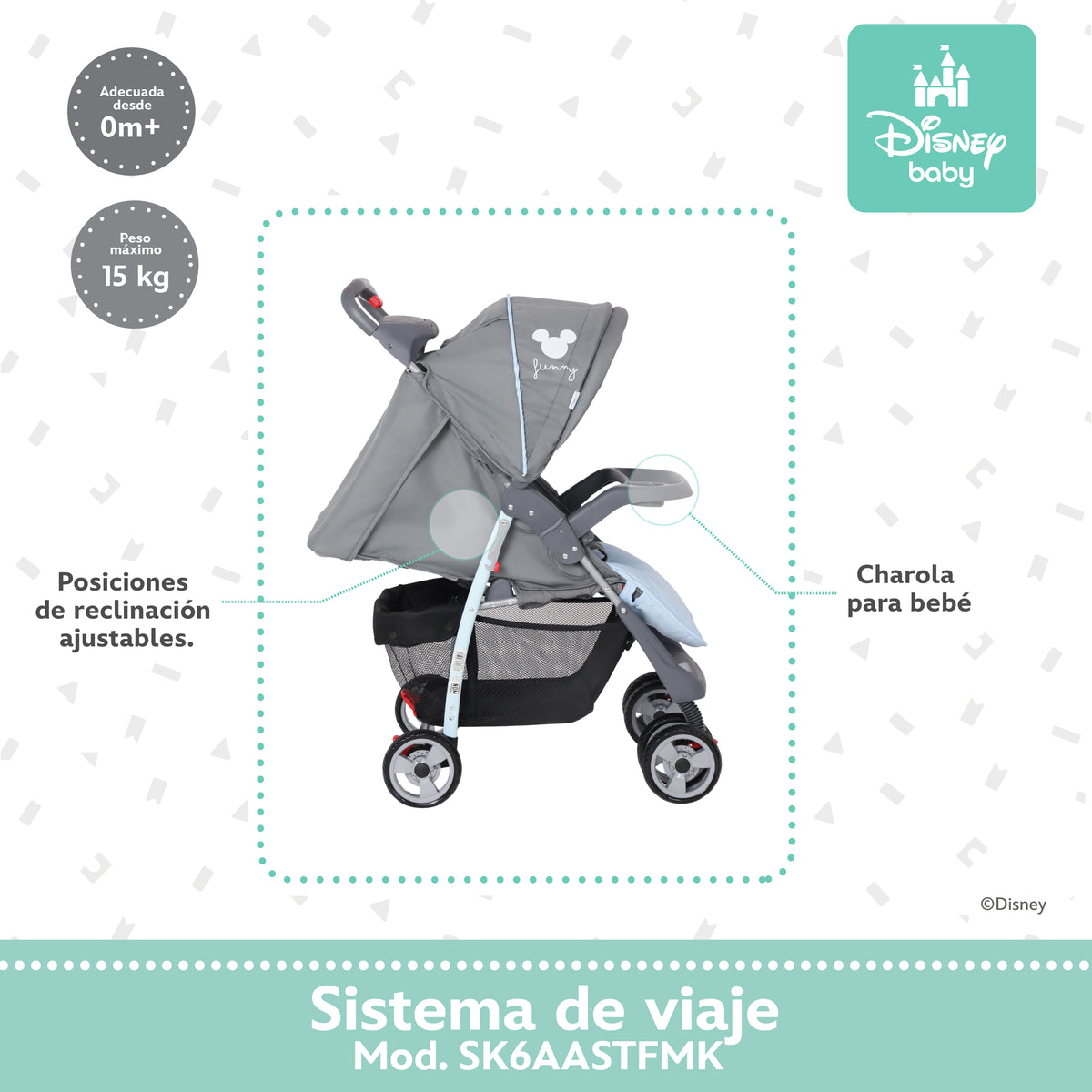Carriola Travel System Disney, Mickey, Minnie, Stitch, Con Portabebé Y Charola, Infanti
