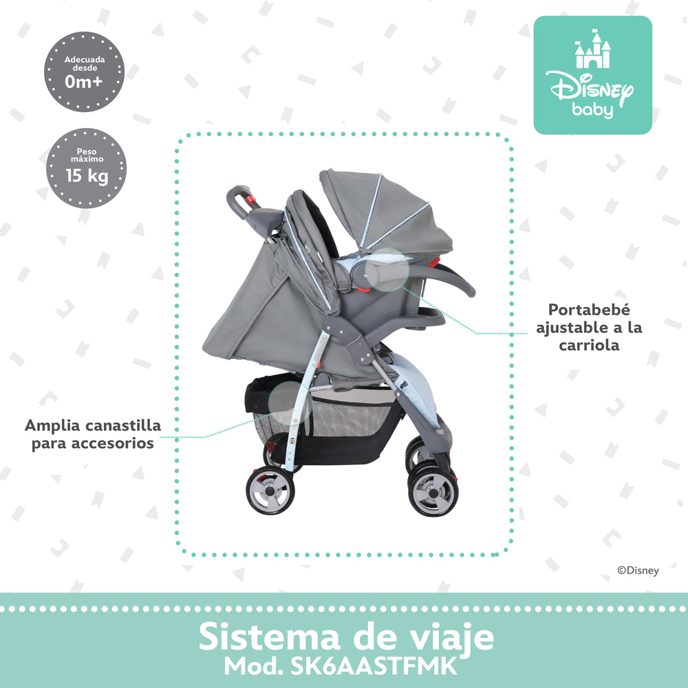 Carriola Travel System Disney, Mickey, Minnie, Stitch, Con Portabebé Y Charola, Infanti