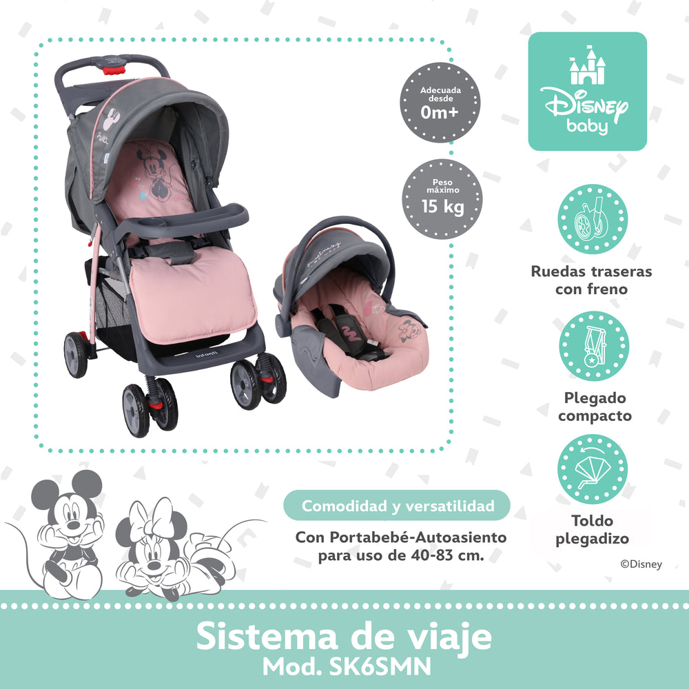 Carriola Travel System Disney, Mickey, Minnie, Stitch, Con Portabebé Y Charola, Infanti