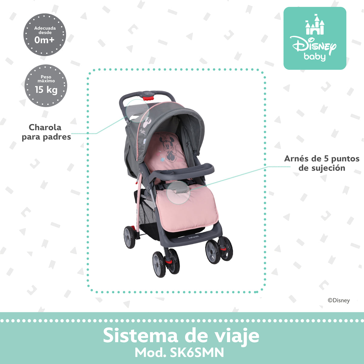 Carriola Travel System Disney, Mickey, Minnie, Stitch, Con Portabebé Y Charola, Infanti